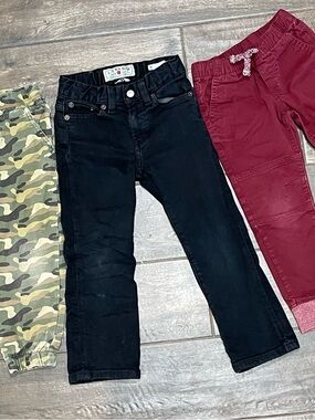 Lot of 4T boys pants. Lucky black jeans, camo joggers and burgundy Cat&Jack
